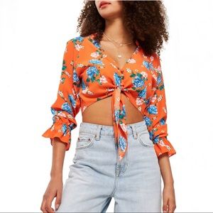 Topshop Floral Tie Plunge Crop Top Orange Size 6